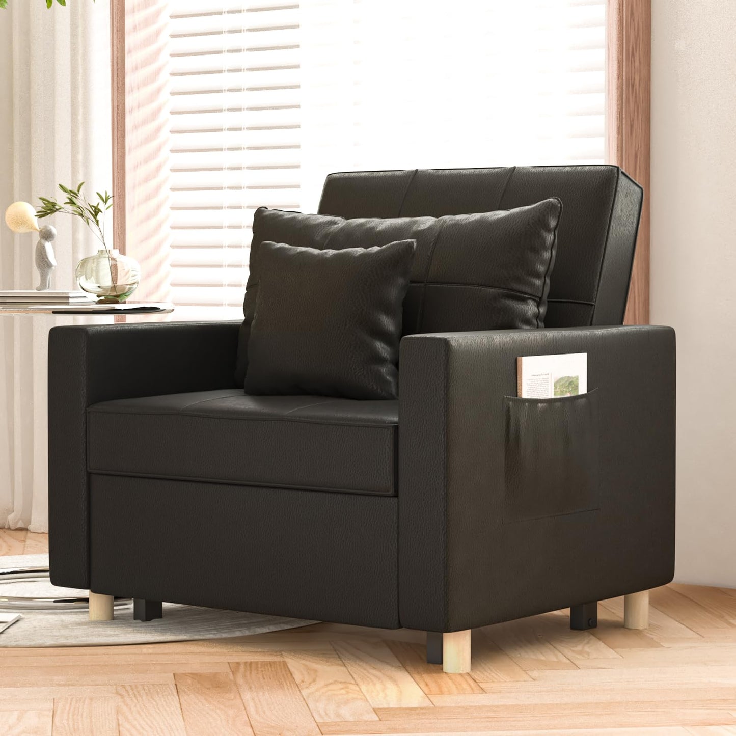 YODOLLA 36" Convertible Chair Bed, Black Leather