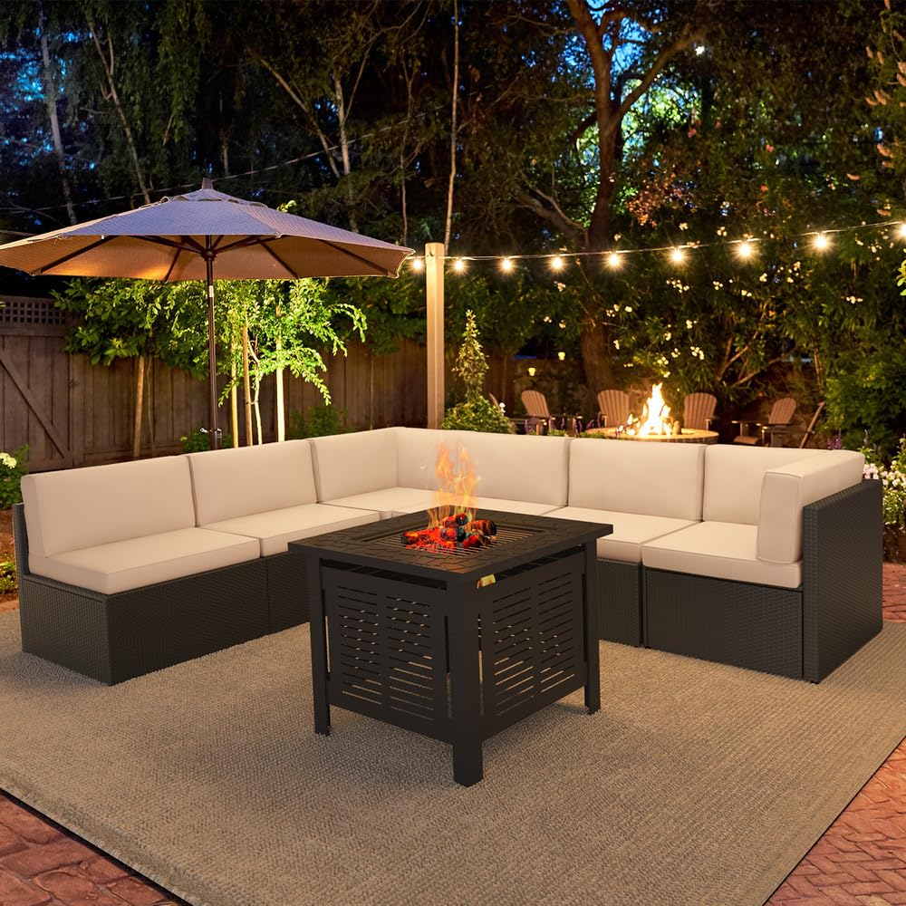 YODOLLA 7 Piece Outdoor Patio Furniture Set with 30 Inch Fire Pit Table, Black Rattan Beige Cushion