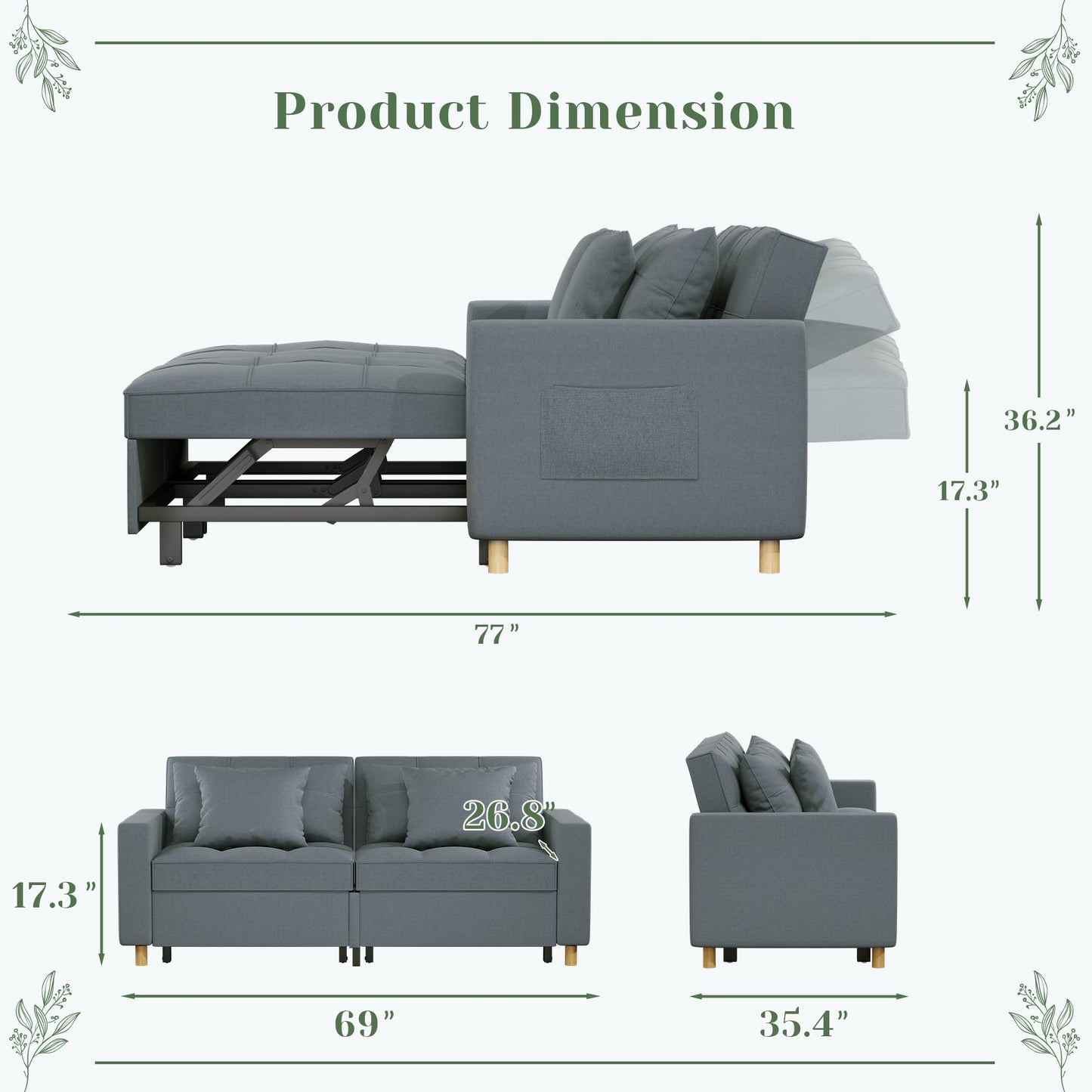 YODOLLA Comfortable 3-1 Convertible Sofa Bed, Dark Gray