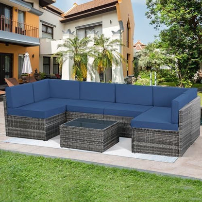 YODOLLA 7 Piece Outdoor Patio Furniture Set with Extra 43'' Fire Pit Table, Gray Rattan & Navy Cushion
