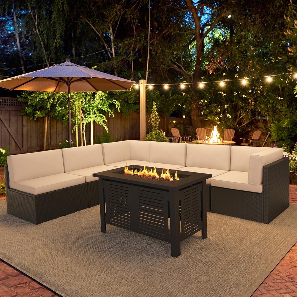 YODOLLA 7 Piece Outdoor Patio Furniture Set with Extra 43 Inch Fire Pit Table, Black Rattan & Beige Cushion