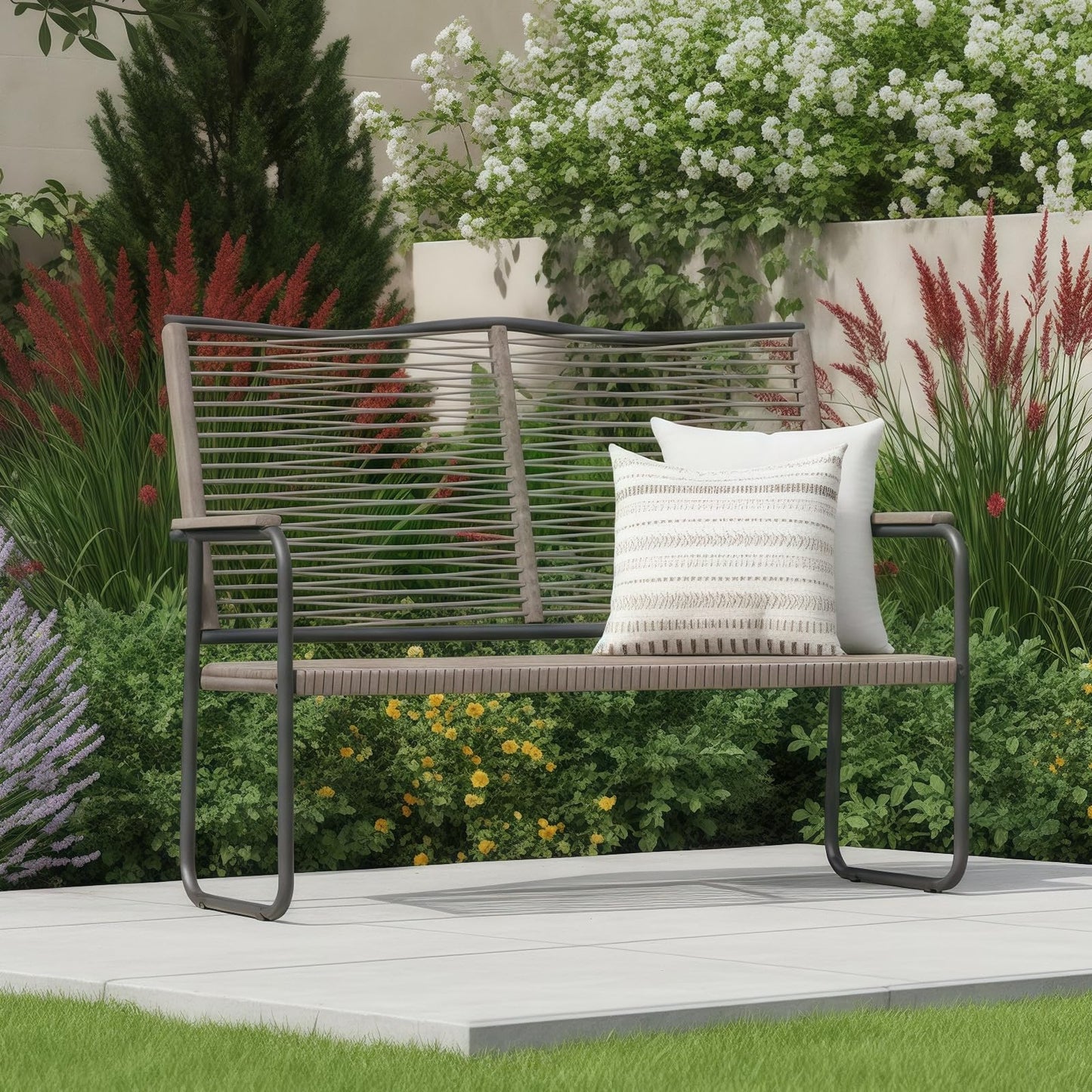 YODOLLA Outdoor Garden Bench, Weatherproof Wicker Patio Loveseat with Backrest Armrests