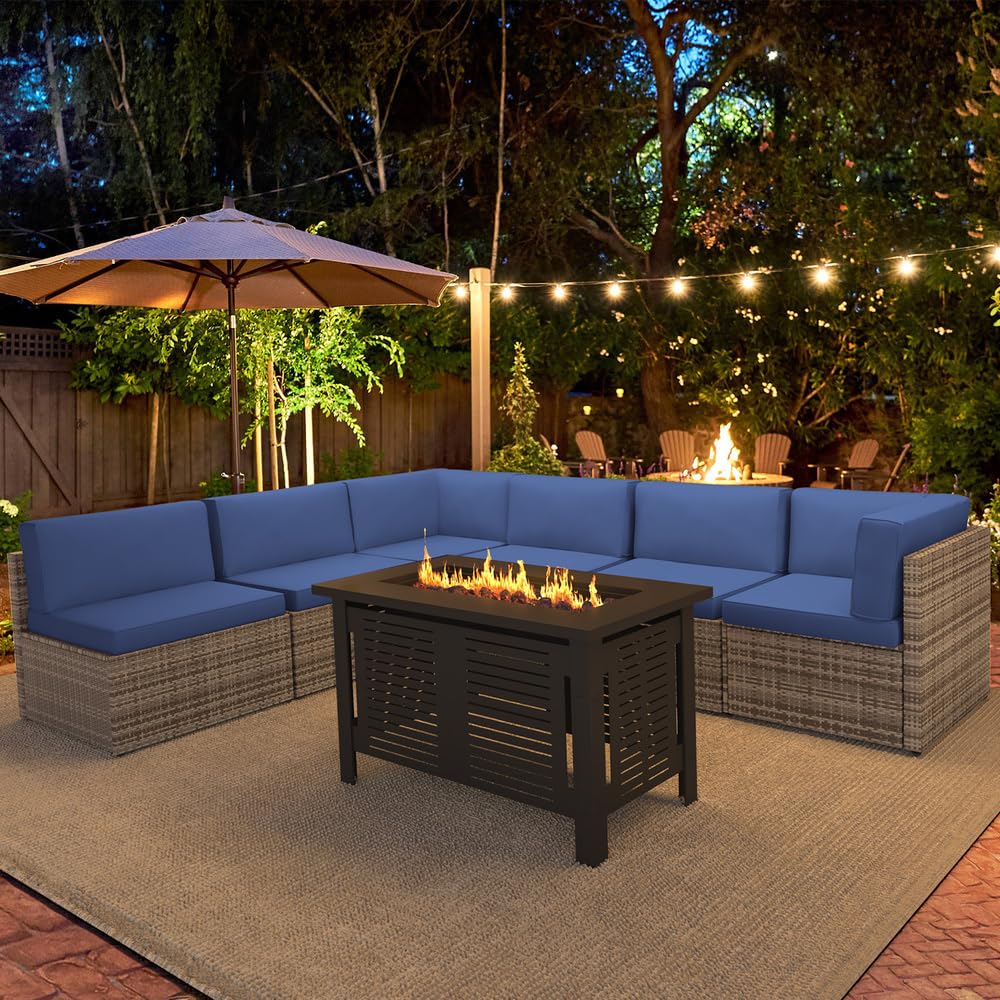 YODOLLA 7 Piece Outdoor Patio Furniture Set with Extra 43'' Fire Pit Table, Gray Rattan & Navy Cushion
