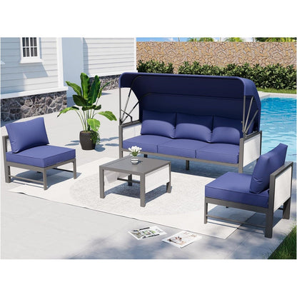 YODOLLA 4 Pieces Aluminum Patio Furniture Set, Retractable Canopy, Dark Blue